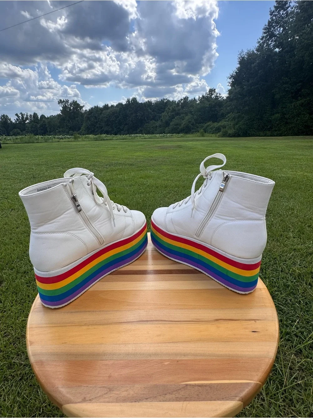 Ladies White Platform Ankle Boots with Rainbow Stripe